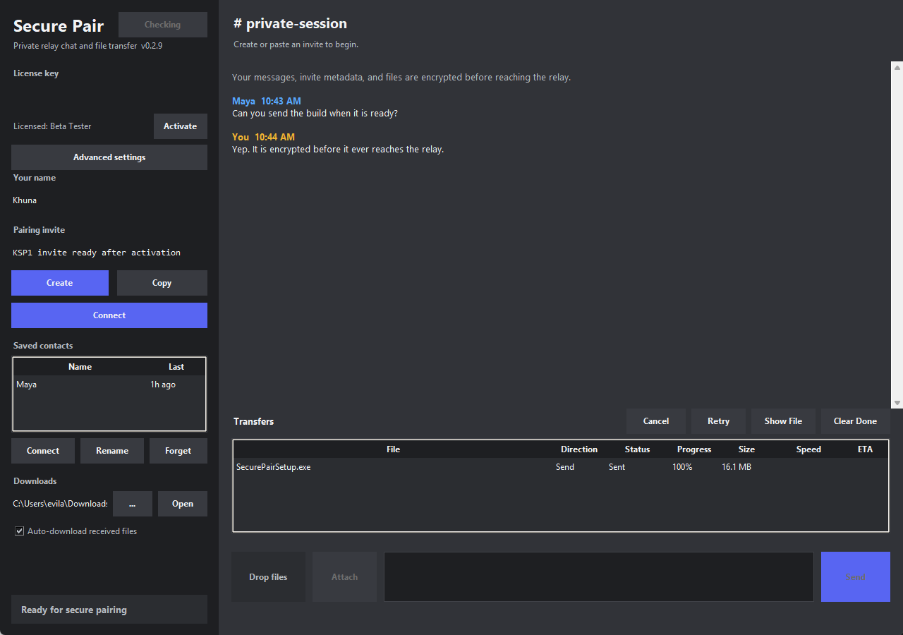 Secure Pair Transfer Windows app showing saved contacts, chat, and transfer history